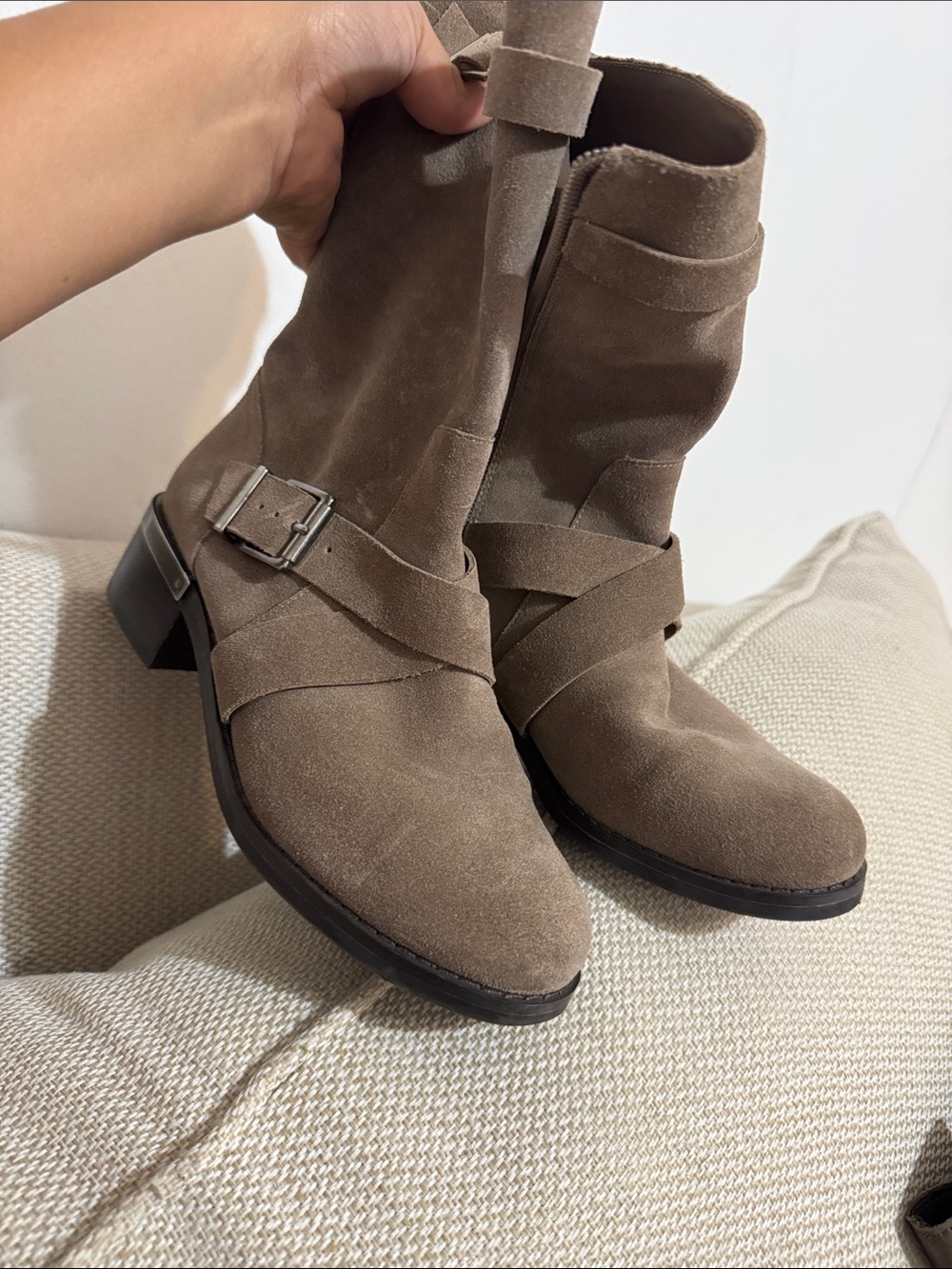 Suede Mid-Calf Strap Boots in Taupe